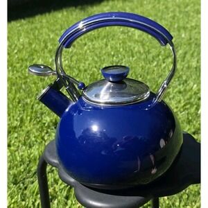 Vintage Dark Blue Enamelware Tea Pot Whistle Spout Brewing Classic Nevermore